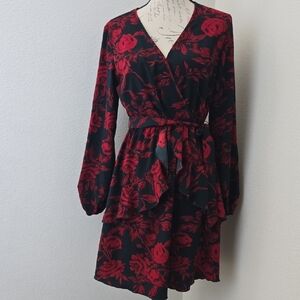 Elegant Red Floral Wrap Dress